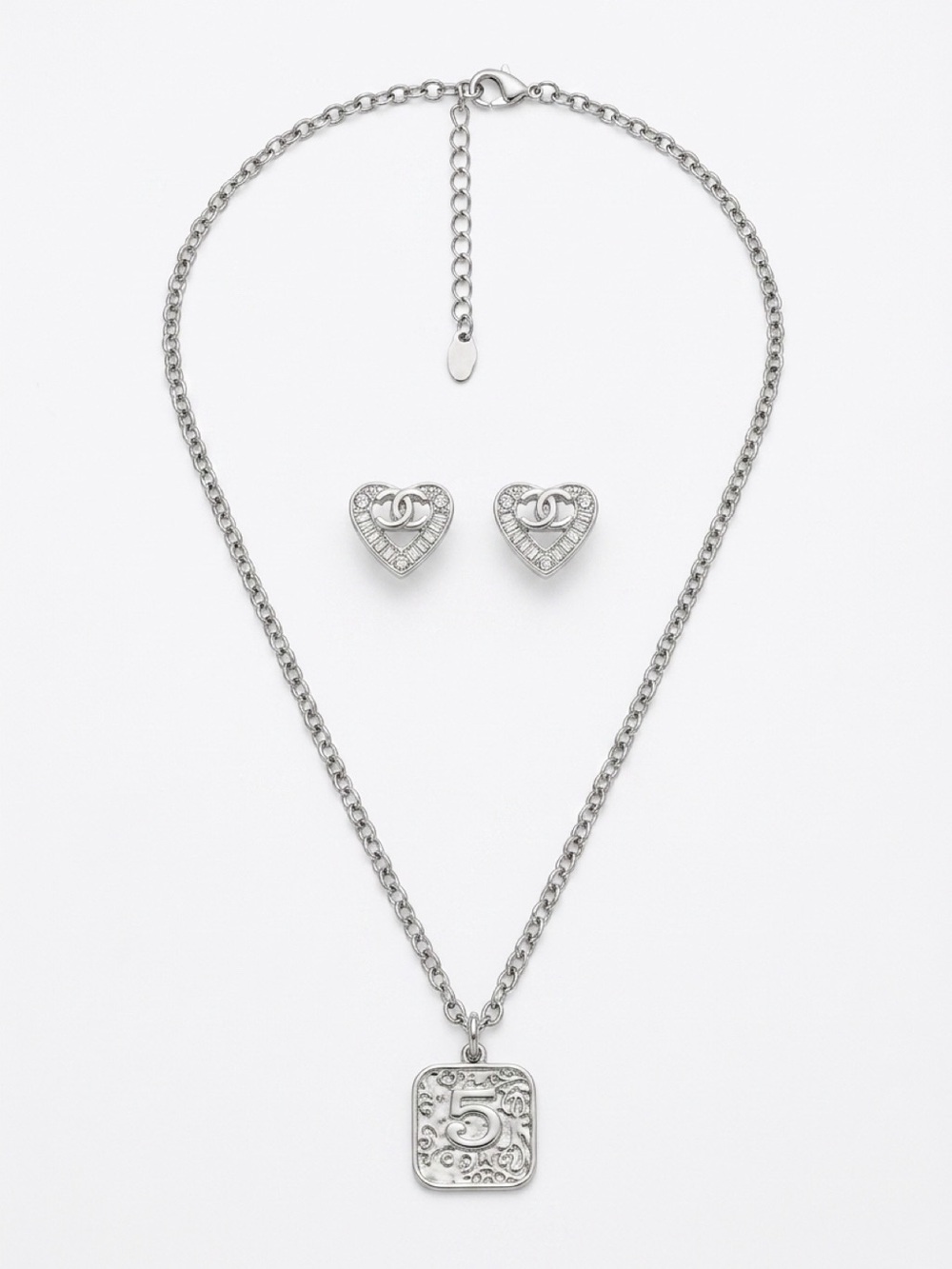 Silver Heart Studs and Pendant Silver Tone #5 Necklace Set
